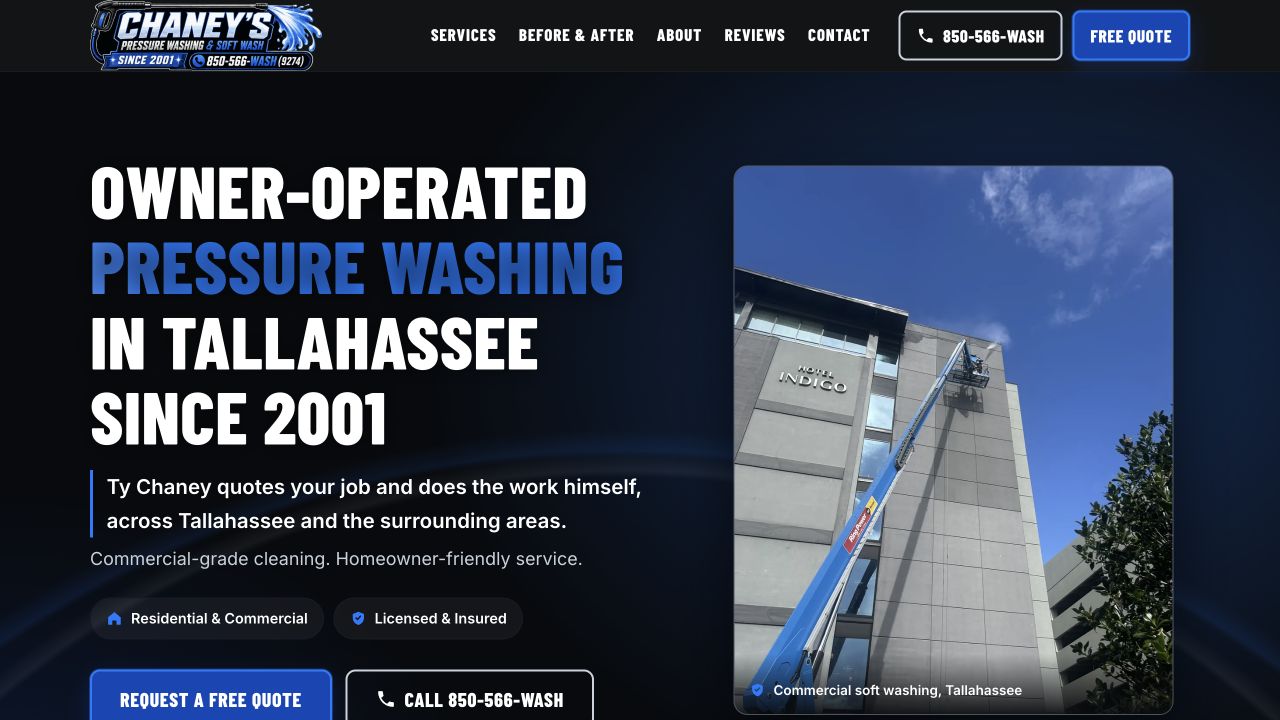 The Chaney’s homepage with its blue and black identity, owner-operated headline, job photo, and quote and call buttons