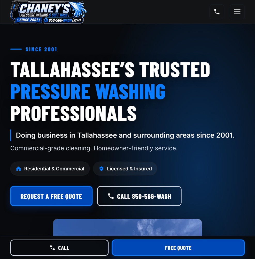 Chaney’s Pressure Washing website — dark blue homepage reading Tallahassee’s trusted pressure washing professionals