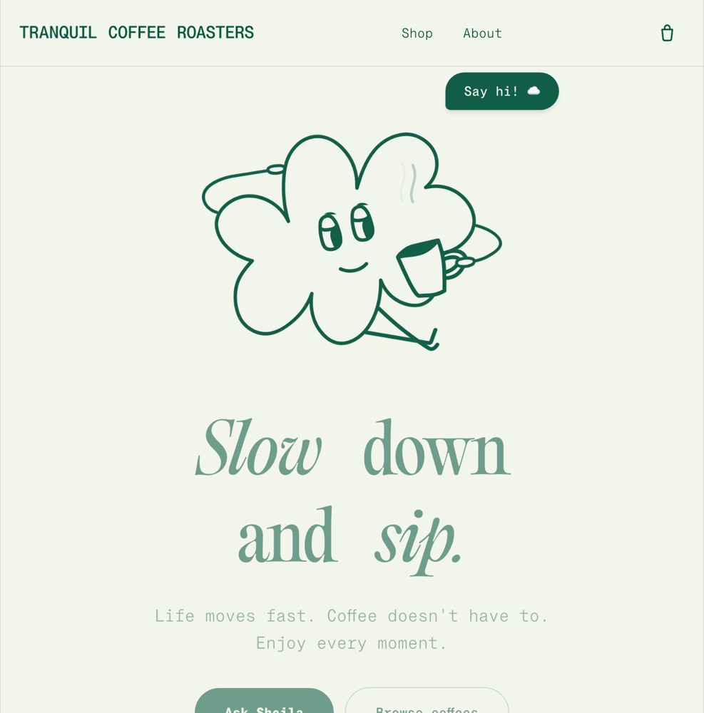 Tranquil Coffee Roasters website — cream homepage with a cloud mascot and the words slow down and sip